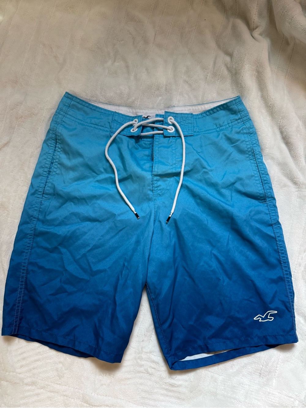 Hollister Men’s Blue Ombre Swim Shorts with White Drawstring